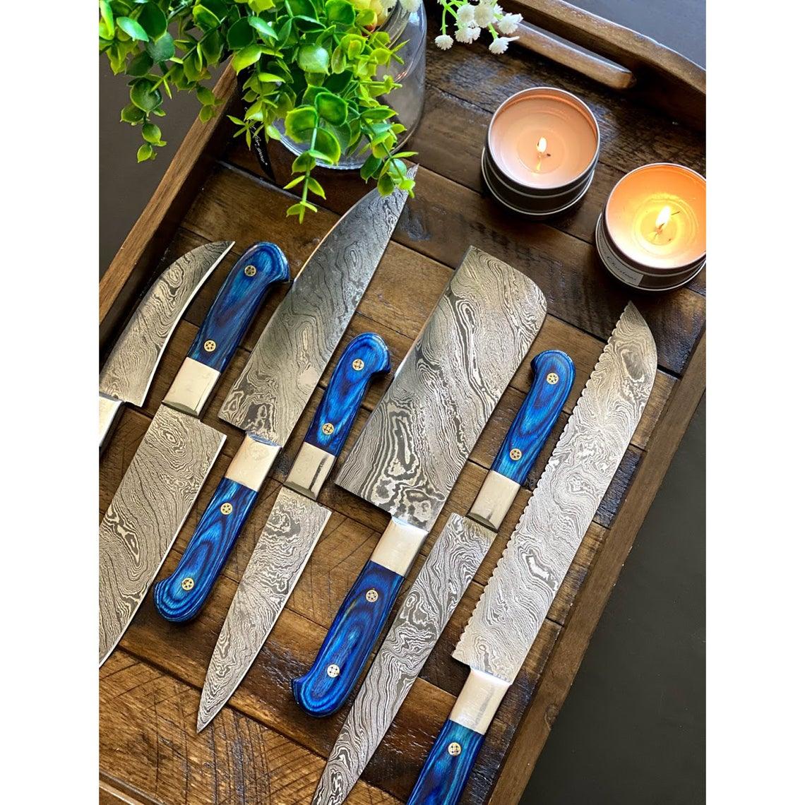Custom Handmade Damascus Steel Chef Knife – 13” with Pakka Wood Handle, Steel Bolster & Leather Roll | Best Home Knife Set Essential