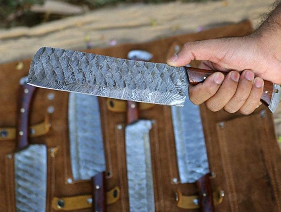 Premium Custom Handmade Forged Damascus Steel Kitchen Chef Knife Set – Rosewood Handles & Leather Roll Kit
