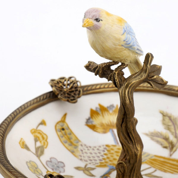 Ormolu Porcelain Bird Dish with Bronze - Yellow Floral - Gifts for You 'n Me