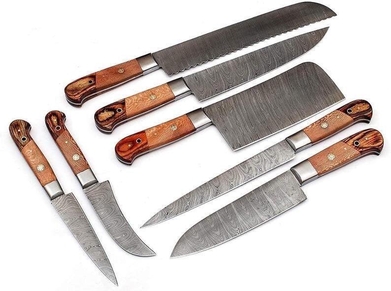 Custom Handmade Damascus Steel Knives Set – 13” with Pakka Wood Handle, Steel Bolster & Leather Roll