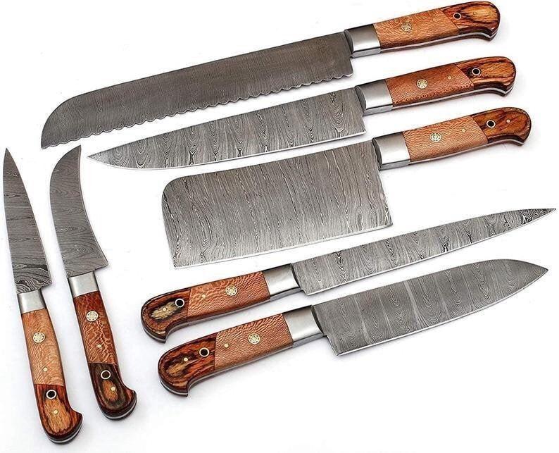 Custom Handmade Damascus Steel Knives Set – 13” with Pakka Wood Handle, Steel Bolster & Leather Roll