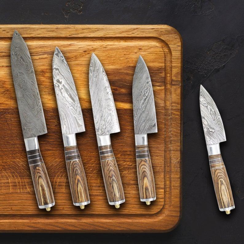 Best Damascus Knife Set – 13” Handmade Knife with Pakka Wood Handle, Steel Bolster & Leather Roll Kit