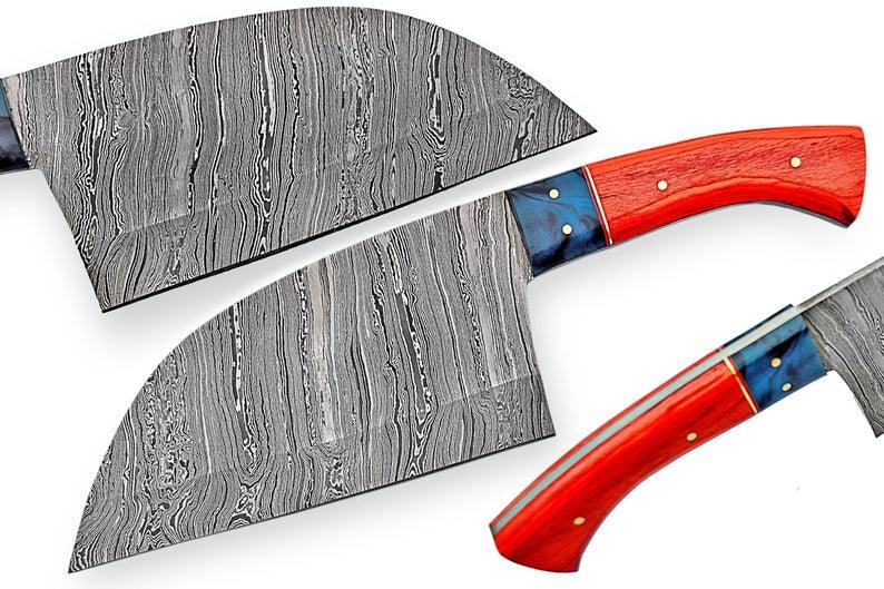 Custom Handmade Chef Knife Cleaver – 10” Damascus Steel Blade with Pakka Wood Handle & Leather Sheath