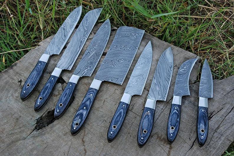 Custom Handmade Damascus Steak Knife – 13” with Pakka Wood Handle, Steel Bolster & Leather Roll Kit