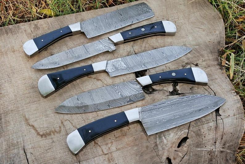 Custom Handmade Damascus Cooking Knife – 13” with Black Resin Handle, Steel Bolster & Leather Roll Kit