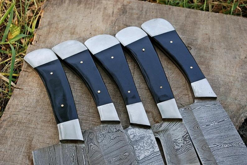 Custom Handmade Damascus Cooking Knife – 13” with Black Resin Handle, Steel Bolster & Leather Roll Kit