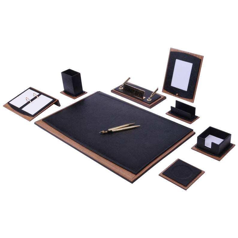 MOOG Star Leather Desk Set -Walnut Wood Combination - Brown -10 PCS