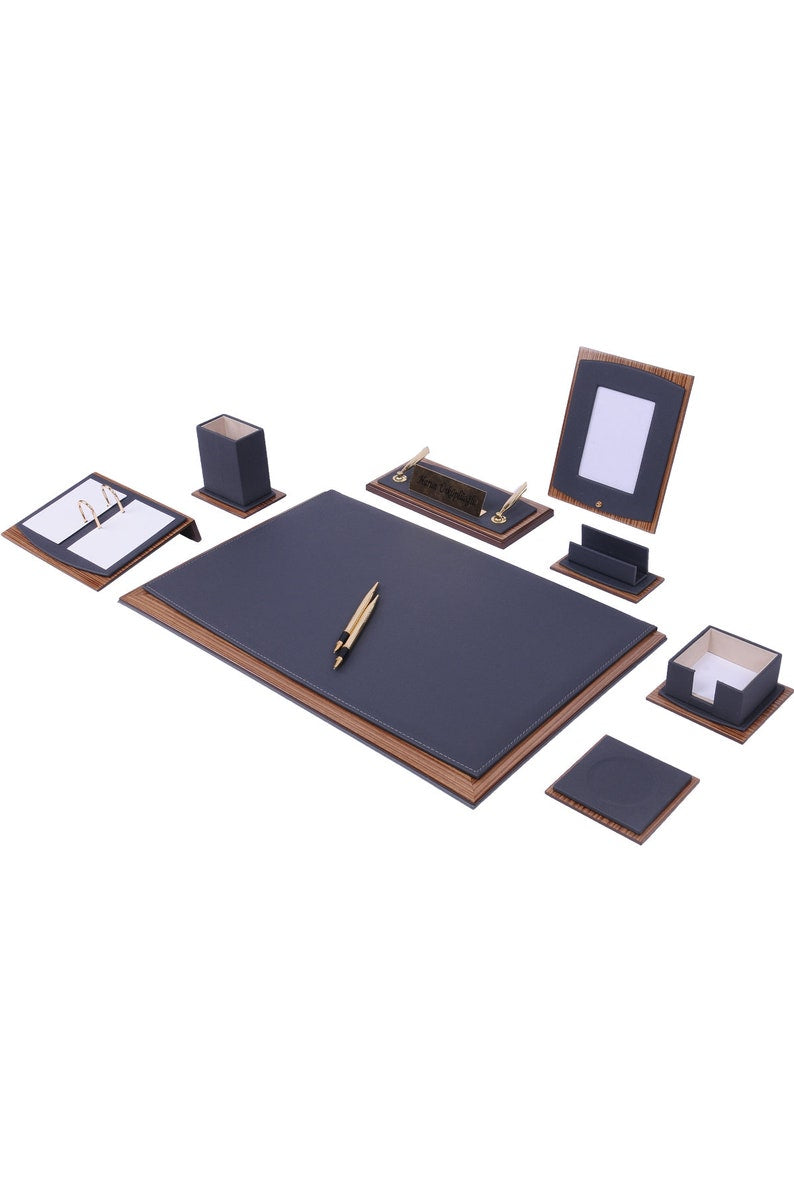 MOOG Star Leather Desk Set -Walnut Wood Combination - Brown -10 PCS
