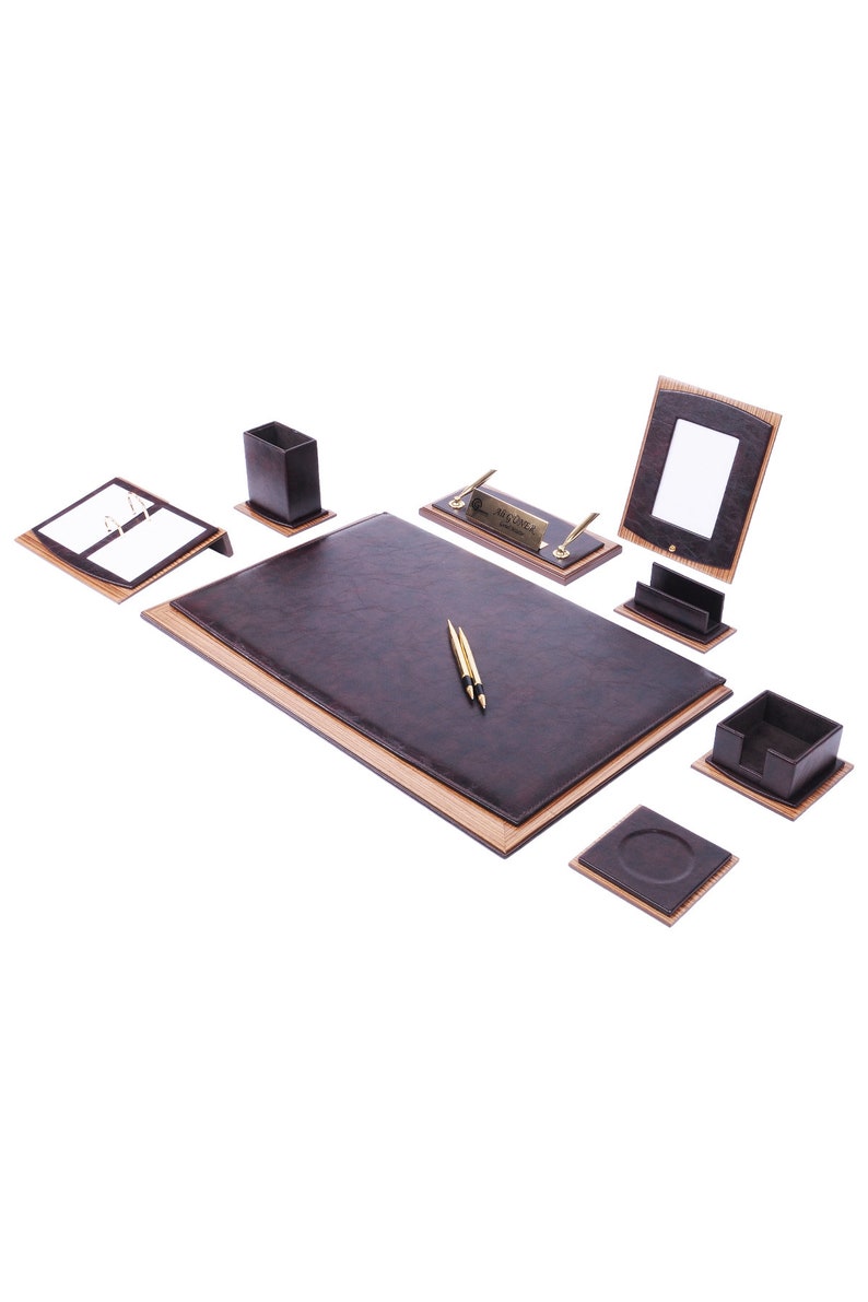 MOOG Star Leather Desk Set -Walnut Wood Combination - Green -10 PCS