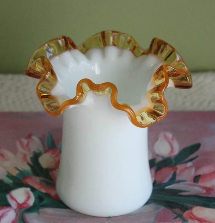 Fenton Milk Glass Vase or Jar with Clear Amber Crest Ruffled Edge