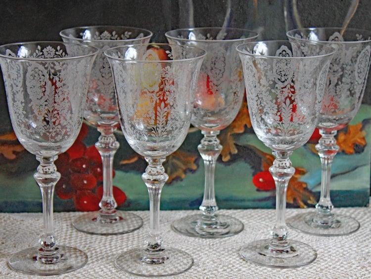 Antique Pink Crystal Goblets, Morgantown Necklace Gold Pattern, Set of 8