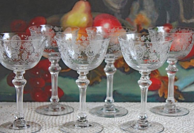 Vintage Cut Crystal Champagne Glasses, Fine Stemware, Daisy Motif, Set of 9