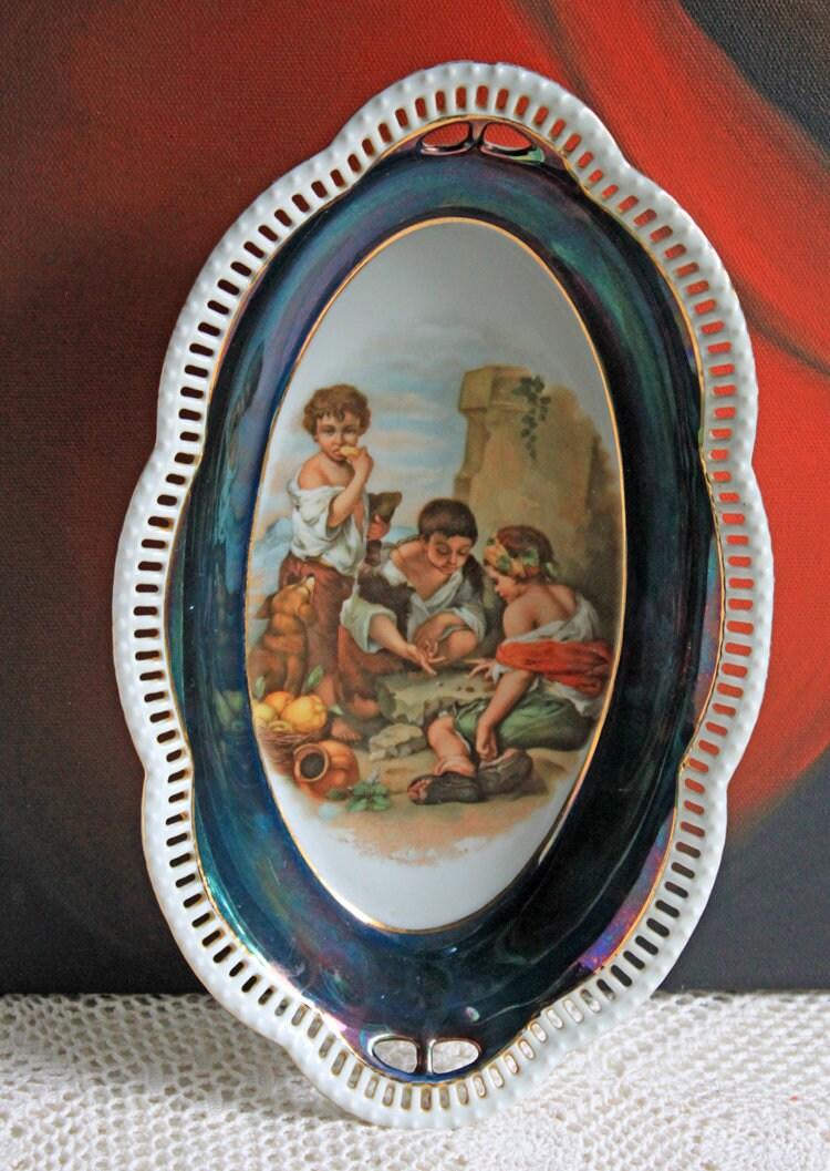 Antique Bavarian Porcelain Bowl, Children Playing Scene, Scalloped Rim