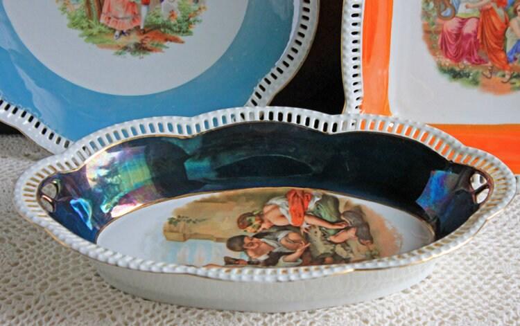 Antique Bavarian Porcelain Bowl, Children Playing Scene, Scalloped Rim