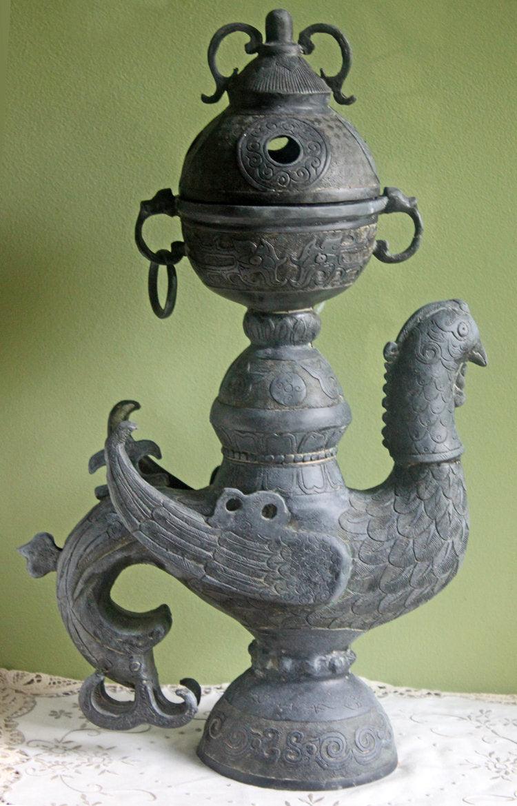 Antique Bronze Bird Incense Burner, Asian Ritual Vessel
