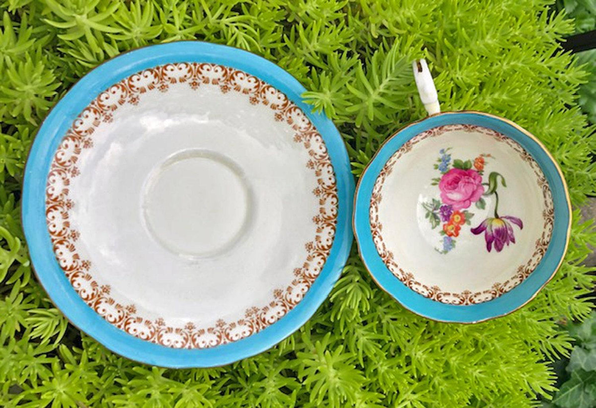 Antique Aynsley English Bone China Tea Cup & Saucer - Turquoise Floral, Cabbage Rose Pattern