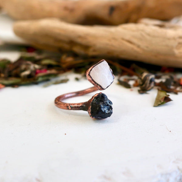 Raw Black Tourmaline Moonstone Ring Grounded Protector | By Blackbird & Sage