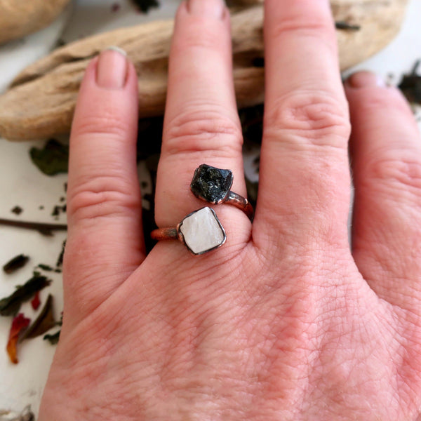 Raw Black Tourmaline Moonstone Ring Grounded Protector | By Blackbird & Sage