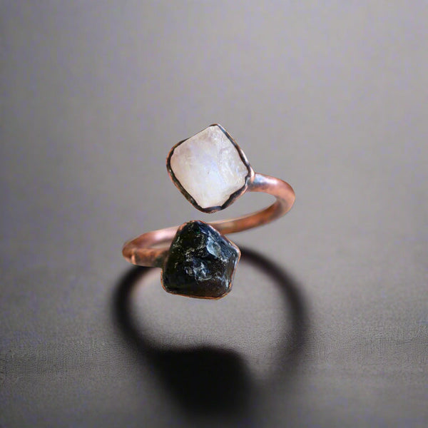 Raw Black Tourmaline Moonstone Ring Grounded Protector | By Blackbird & Sage
