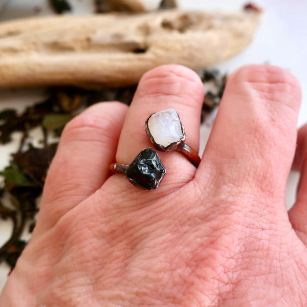 Raw Black Tourmaline Moonstone Ring Grounded Protector | By Blackbird & Sage