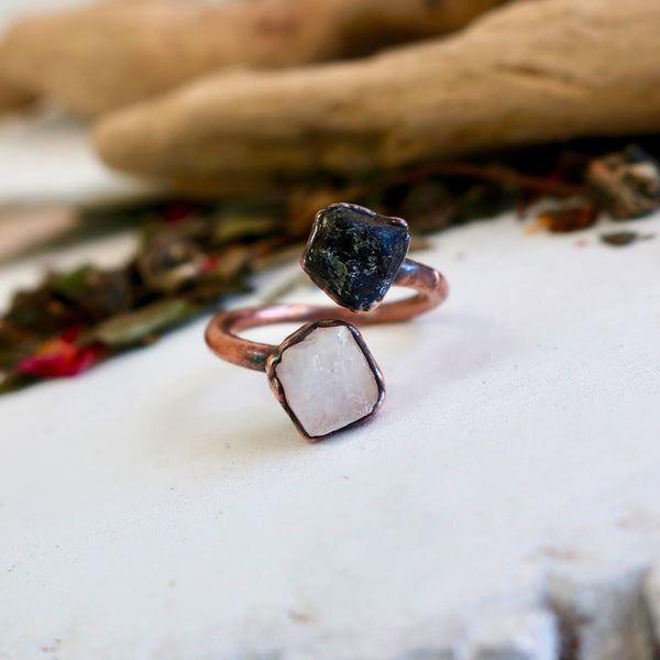 Raw Black Tourmaline Moonstone Ring Grounded Protector | By Blackbird & Sage