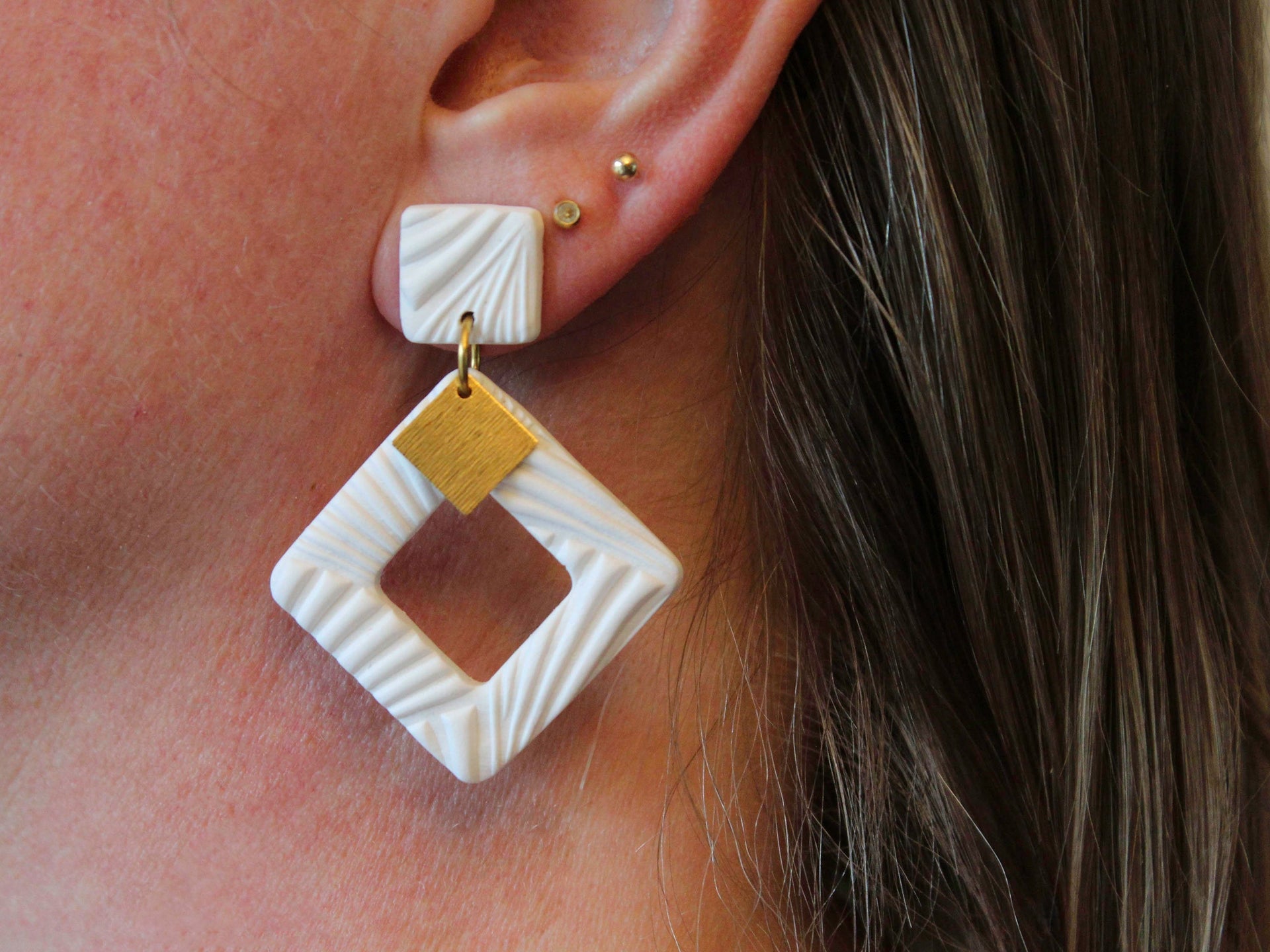 EMERY Earrings. Textured White, Polymer Clay statement Earrings with brass Dangles Alma Rosa Jewelry