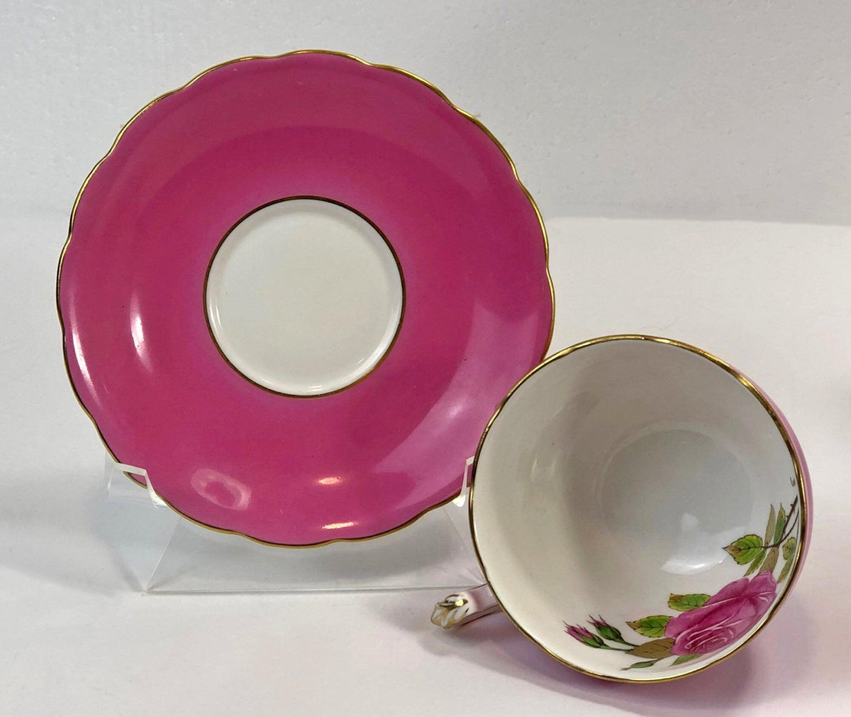 Vintage Cup and Saucer by Staffordshire, England. Hand Painted Tea Set Signed by Artist.