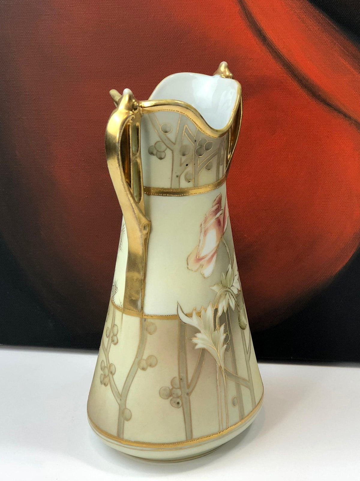 Hand Painted Art Nouveau Nippon Vase, Antique Japanese Gold Floral Urn