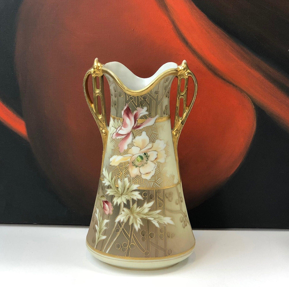 Hand Painted Art Nouveau Nippon Vase, Antique Japanese Gold Floral Urn