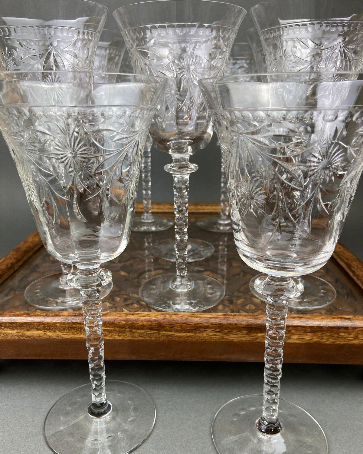 Vintage Cut Crystal Wine Goblets, Daisy Garland Motif, Set of Ten