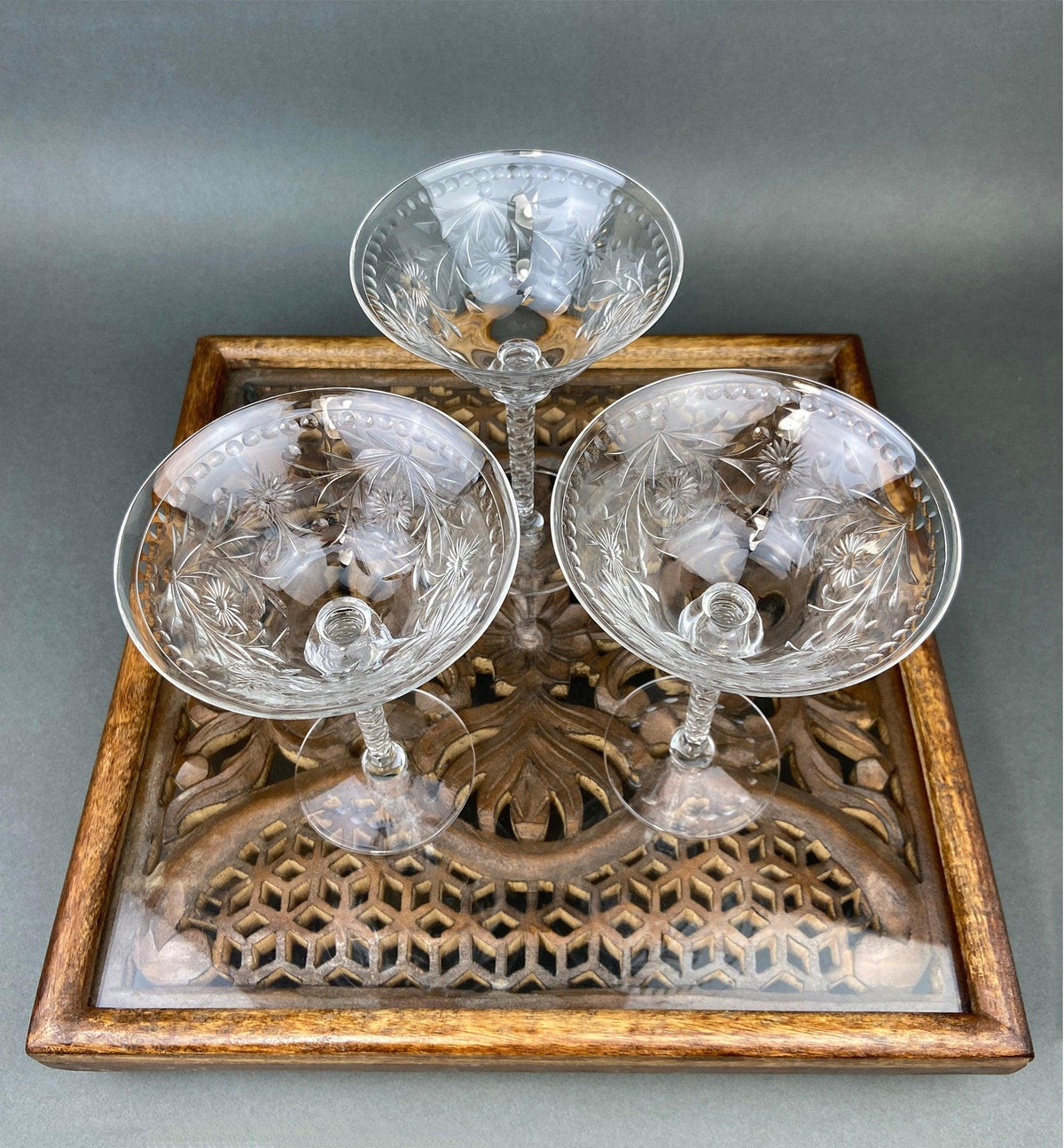 Vintage Cut Crystal Wine Goblets, Daisy Garland Motif, Set of Ten