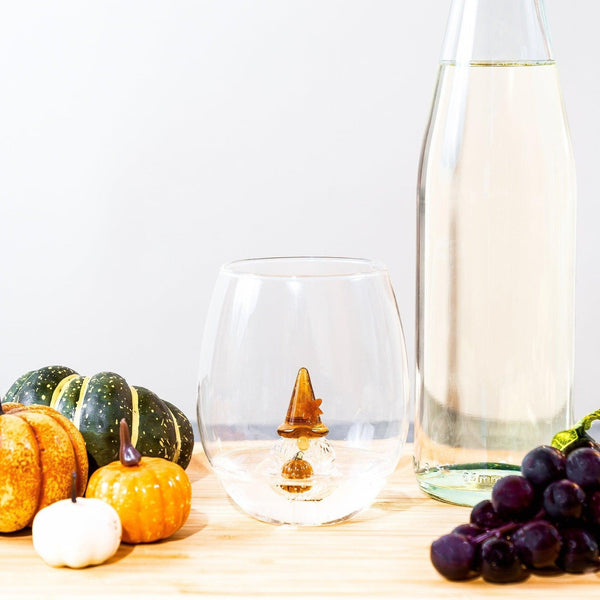 3D Pumpkin Gnome Stemless Wine Glasses Jersey Art Glass