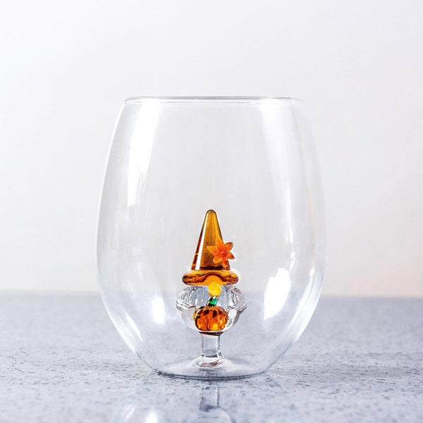 3D Pumpkin Gnome Stemless Wine Glasses Jersey Art Glass