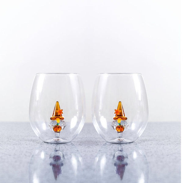 3D Pumpkin Gnome Stemless Wine Glasses Jersey Art Glass