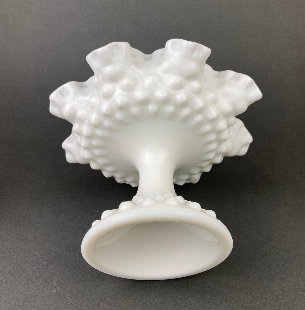 Milk Glass Candy Dish with Ruffled Edge. Vintage, Hobnail Trinket Dish. White Footed Bowl. Fine Tableware.