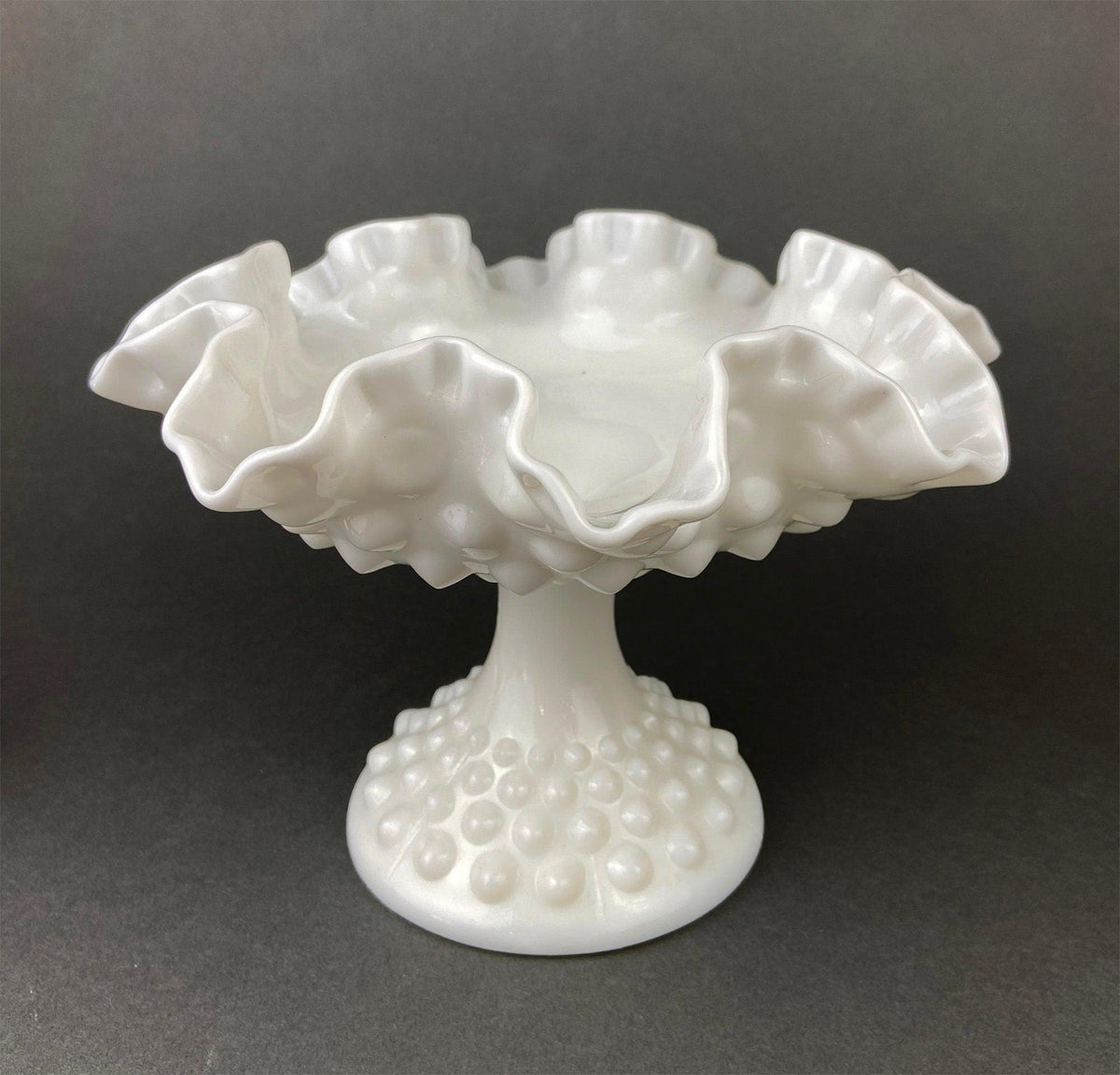 Milk Glass Candy Dish with Ruffled Edge. Vintage, Hobnail Trinket Dish. White Footed Bowl. Fine Tableware.