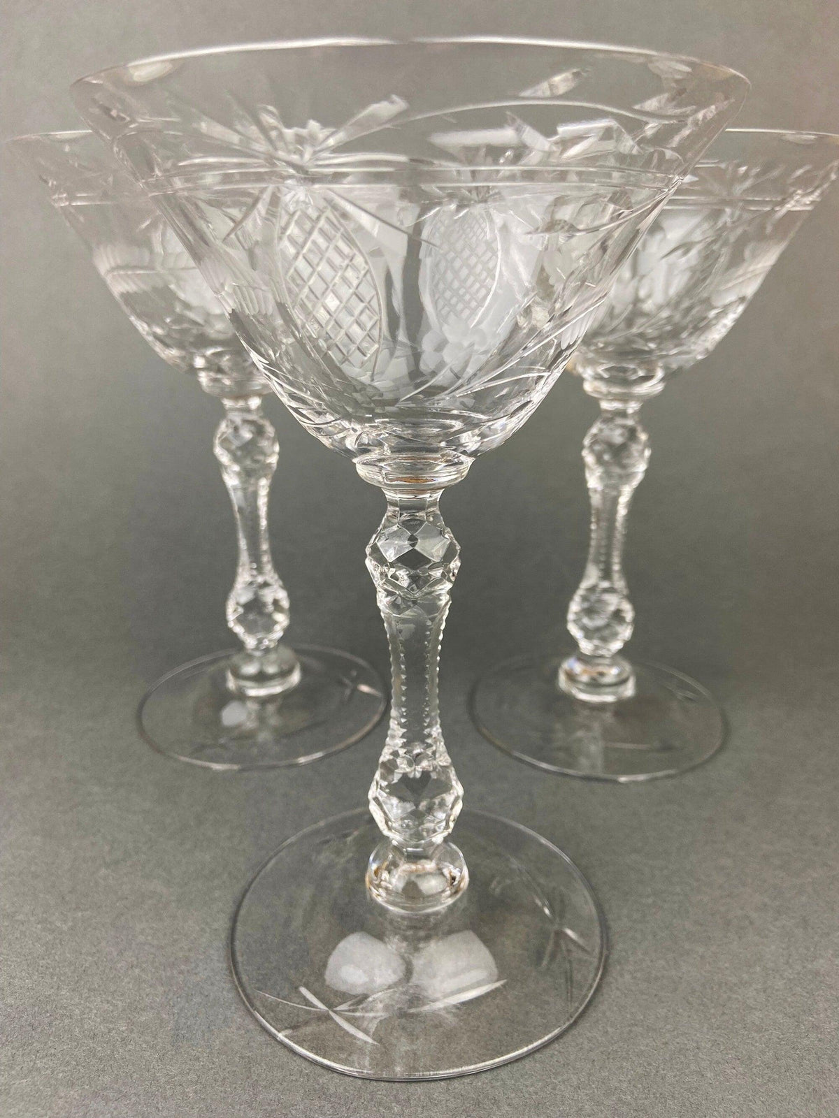 Vintage Cut Crystal Champagne Glasses, Fine Stemware, Daisy Motif, Set of 9