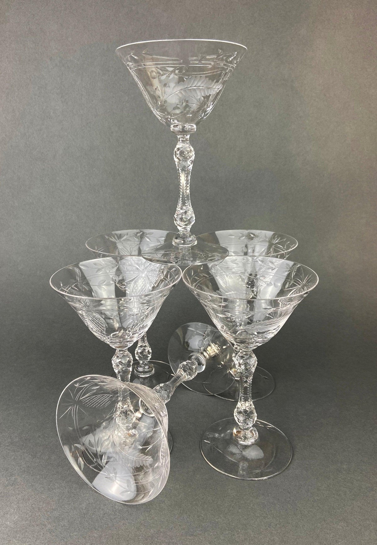 Vintage Cut Crystal Champagne Glasses, Fine Stemware, Daisy Motif, Set of 9