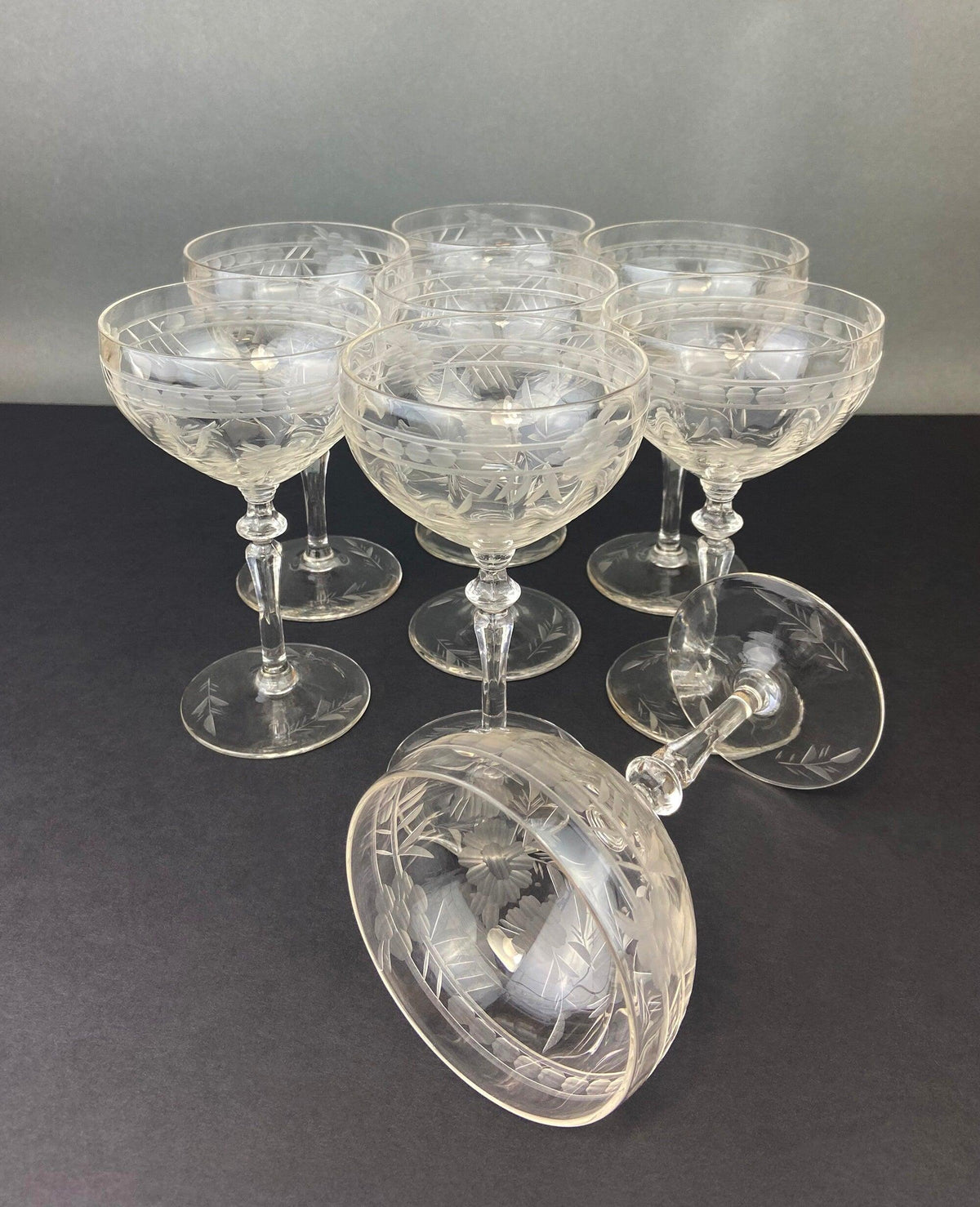 Vintage Cut Crystal Champagne Glasses, Fine Stemware, Daisy Motif, Set of 9