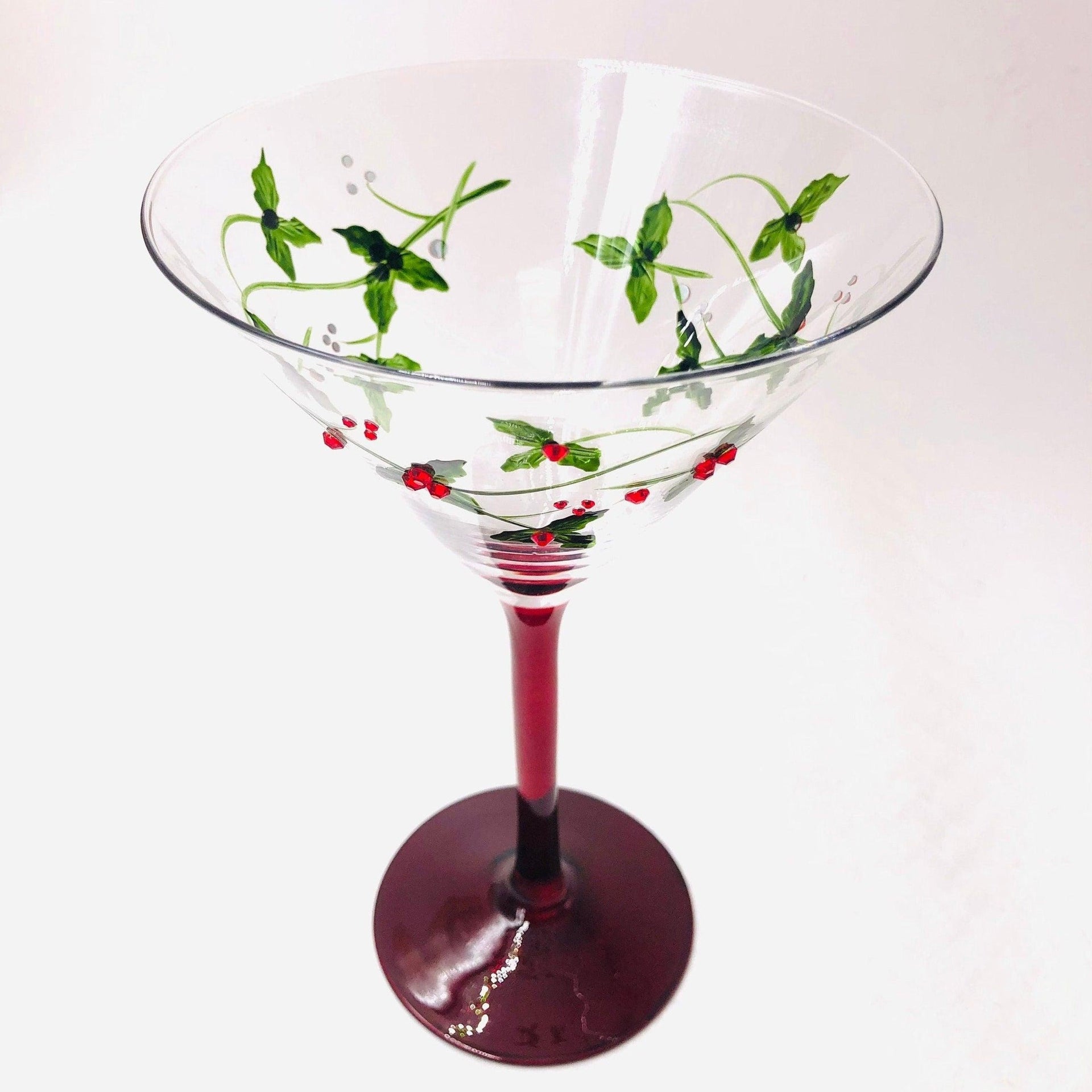 Christmas Holly Martini Glasses Jersey Art Glass