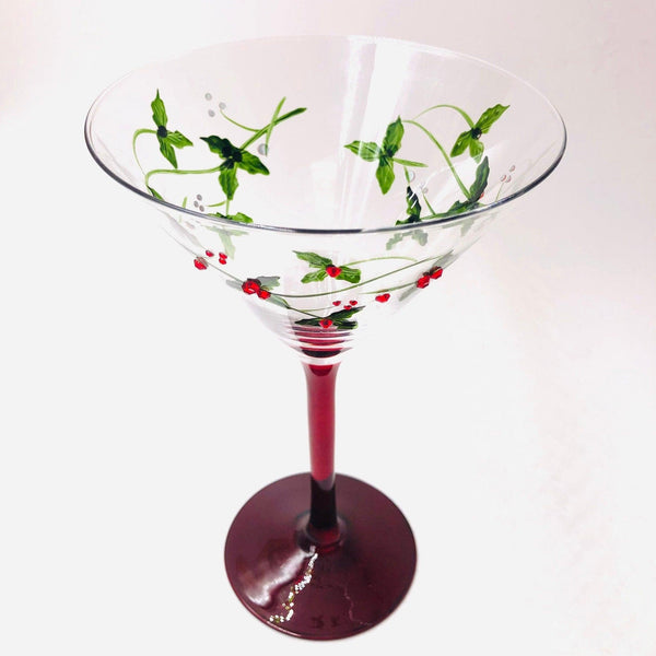 Christmas Holly Martini Glasses Jersey Art Glass