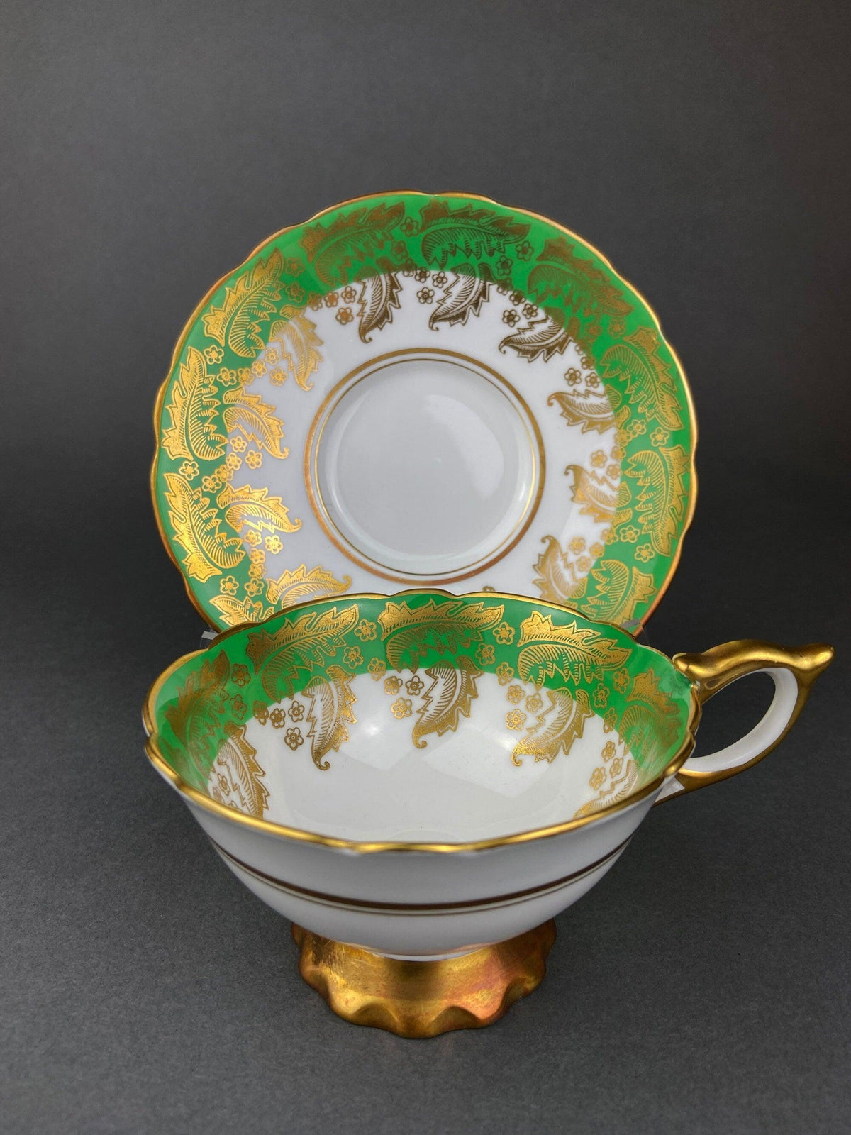 Vintage Royal Stafford Tea Cup and Saucer, Green Gold Filigree, Made in England
