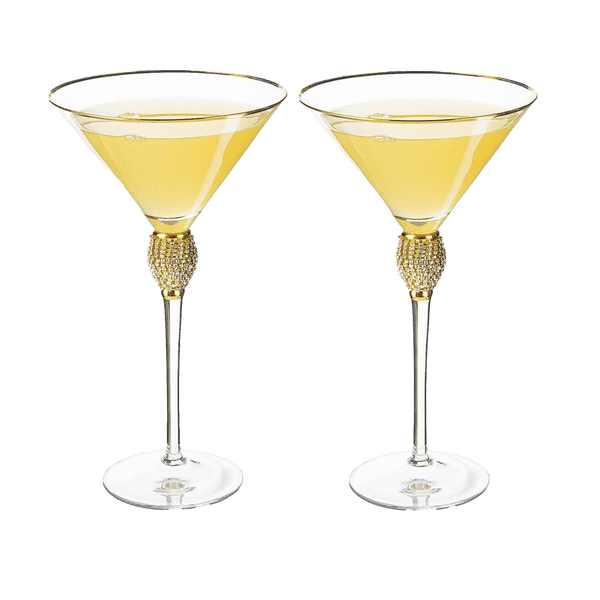 Diamond Collection 2 Piece Stemmed Martini Set - Rhinestone For Drinking Martinis, Manhattans, Vodka, Gin, Cocktails Gold Accent Cocktail Glasses, Perfect For Any Bar or Party 10oz - Swarovski Style