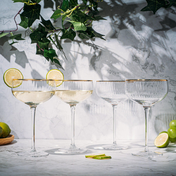 Gold Rim Glasses 7 oz, Set of 4 Gold Rim Classic Manhattan Glasses For Martini, Cocktails, Champagne, Wine - The Wine Savant (Ribbed)