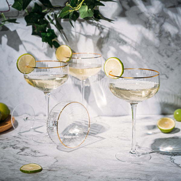 Gold Rim Glasses 7 oz, Set of 4 Gold Rim Classic Manhattan Glasses For Martini, Cocktails, Champagne, Wine - The Wine Savant (Ribbed)