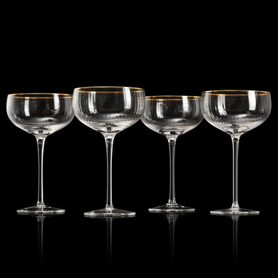 Gold Rim Glasses 7 oz, Set of 4 Gold Rim Classic Manhattan Glasses For Martini, Cocktails, Champagne, Wine - The Wine Savant (Ribbed)