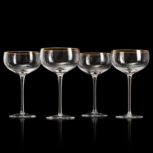 Gold Rim Glasses 7 oz, Set of 4 Gold Rim Classic Manhattan Glasses For Martini, Cocktails, Champagne, Wine - The Wine Savant (Ribbed)