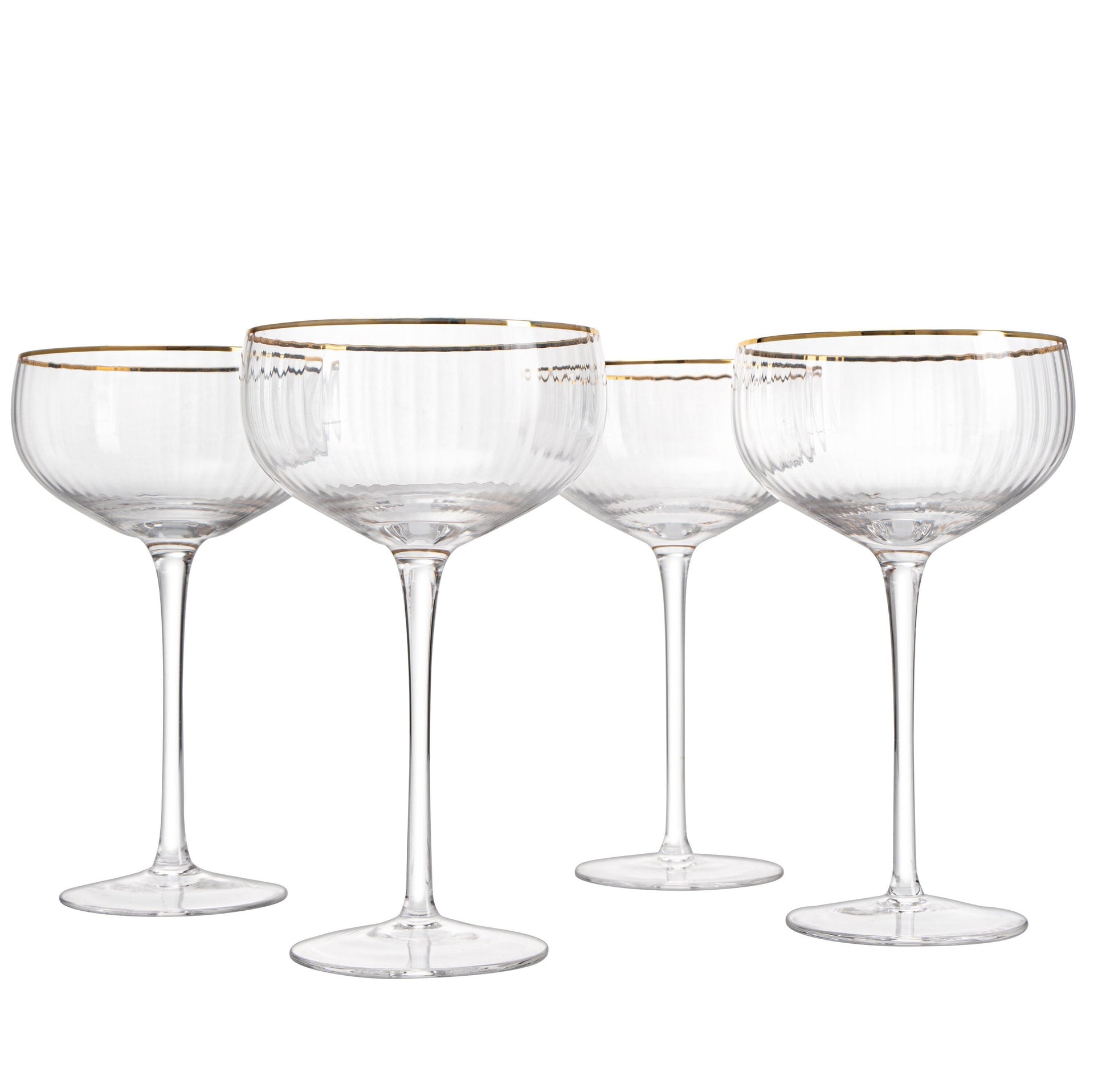 Gold Rim Glasses 7 oz, Set of 4 Gold Rim Classic Manhattan Glasses For Martini, Cocktails, Champagne, Wine - The Wine Savant (Ribbed)