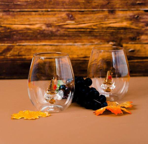 3D Pumpkin Gnome Stemless Wine Glasses Jersey Art Glass