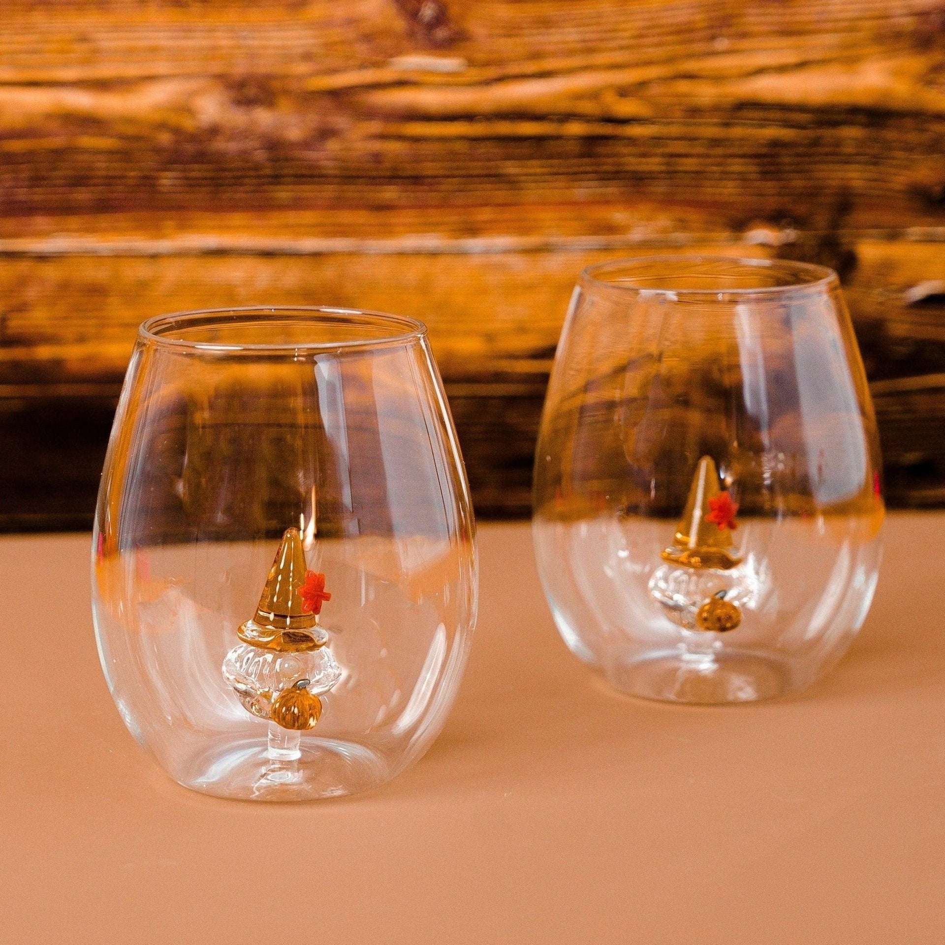 3D Pumpkin Gnome Stemless Wine Glasses Jersey Art Glass